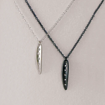 Tiny Long Leaf Necklace - Oxidized Silver + Diamond