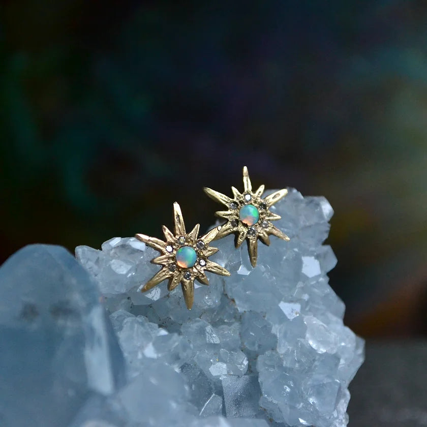Opal Supernova Studs - 14k Gold + Diamonds + Opals