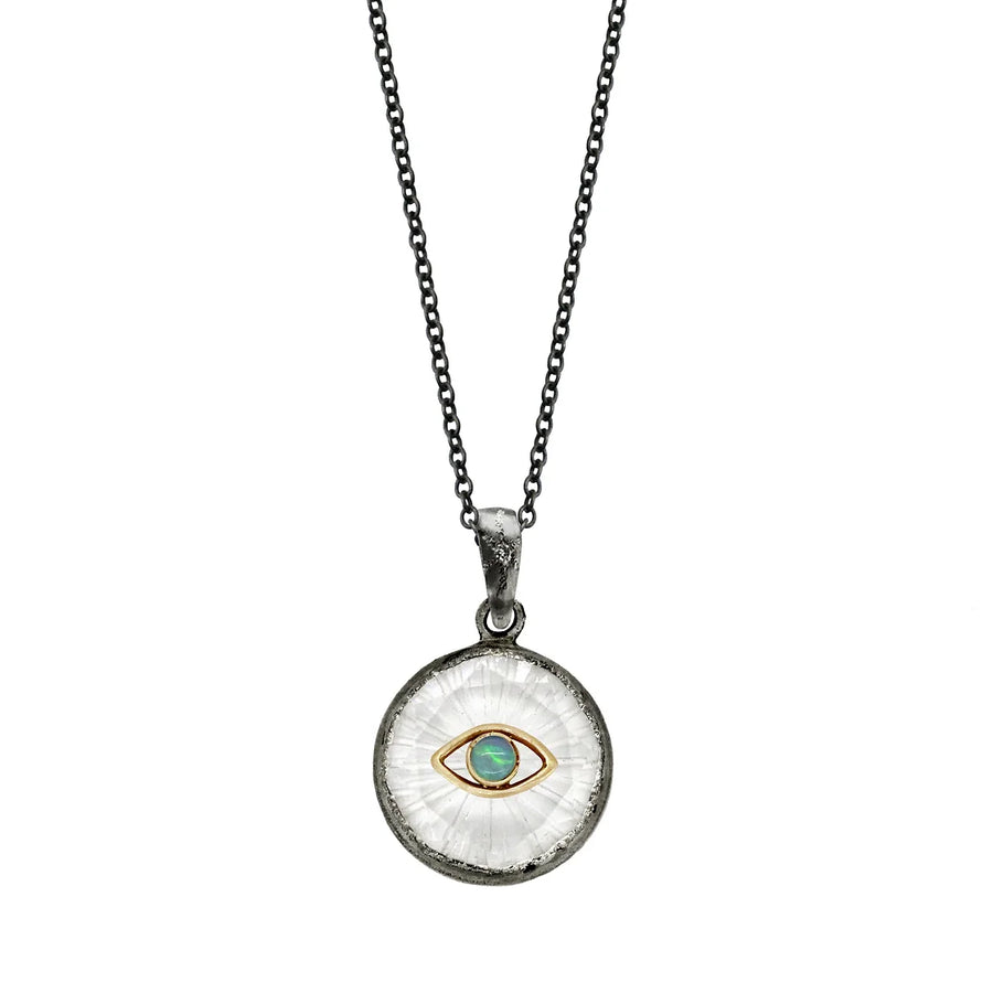 Small Round Opal Eye Amulet - 14ky, Oxidized Silver, Opal + Diamond