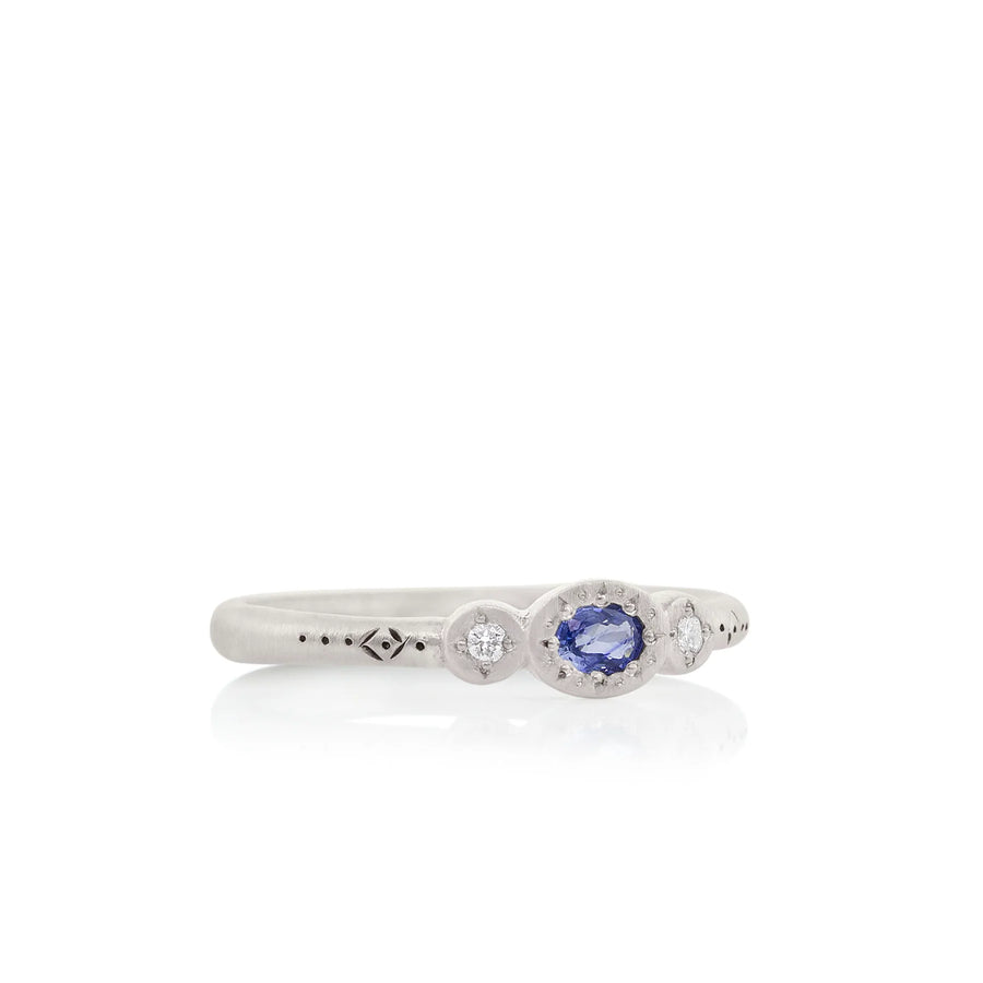 Oval + Round Charm Ring - Sterling Silver, Sapphire + Diamond