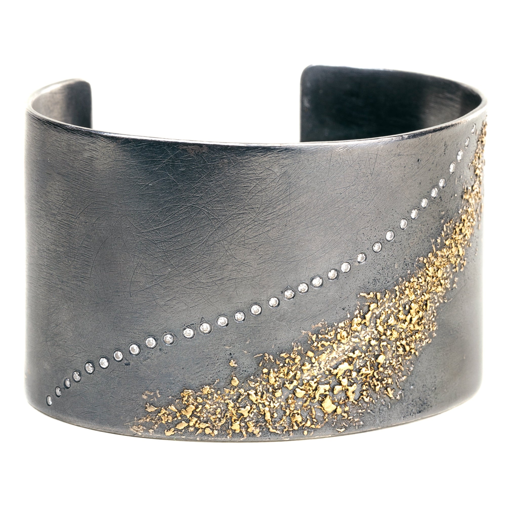 1.5" Slice Diamond Cuff - 22k Gold, Oxidized Silver + Diamonds