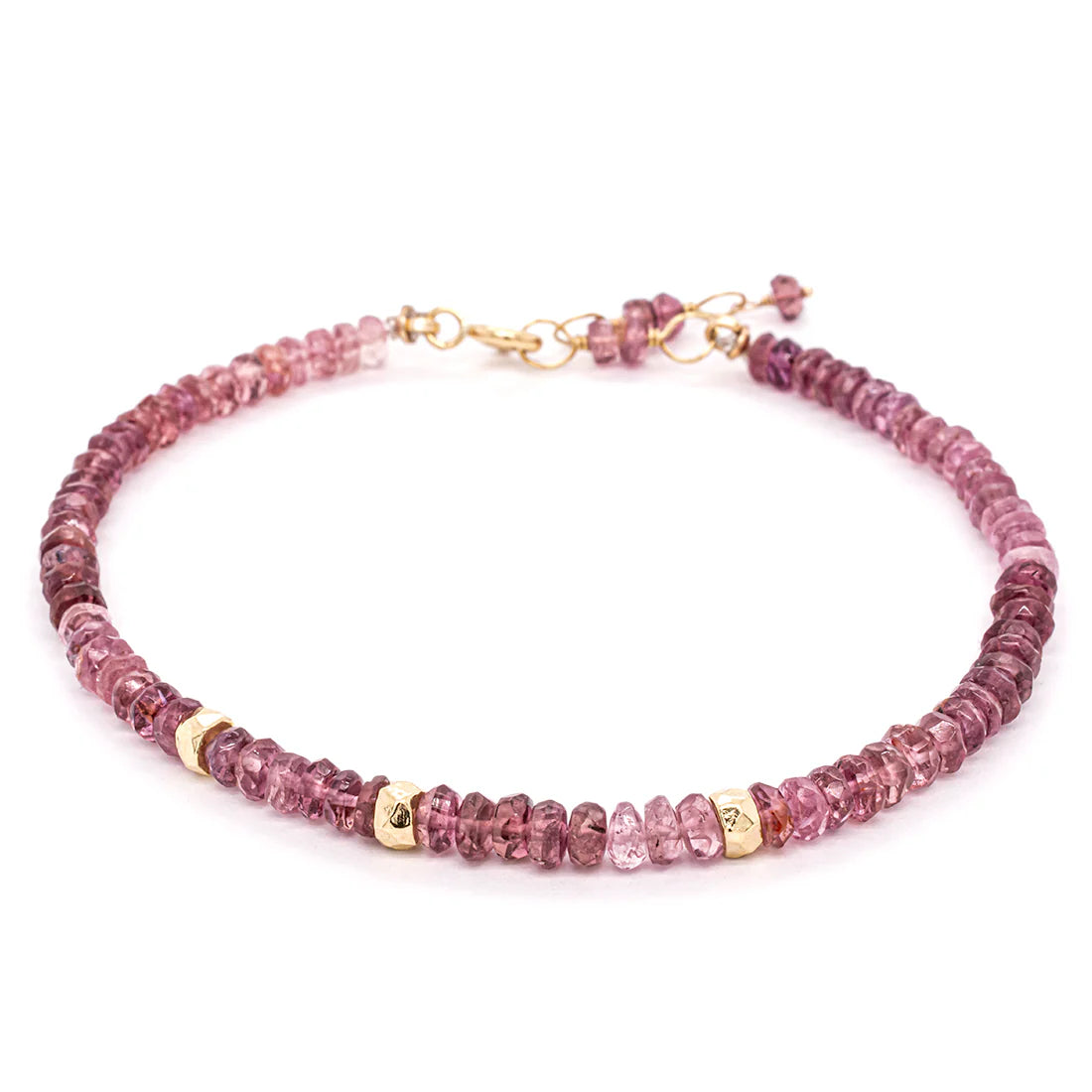 Hammered Bead Natural Gemstone Bracelet - Pink Tourmaline / 18k Yellow Gold