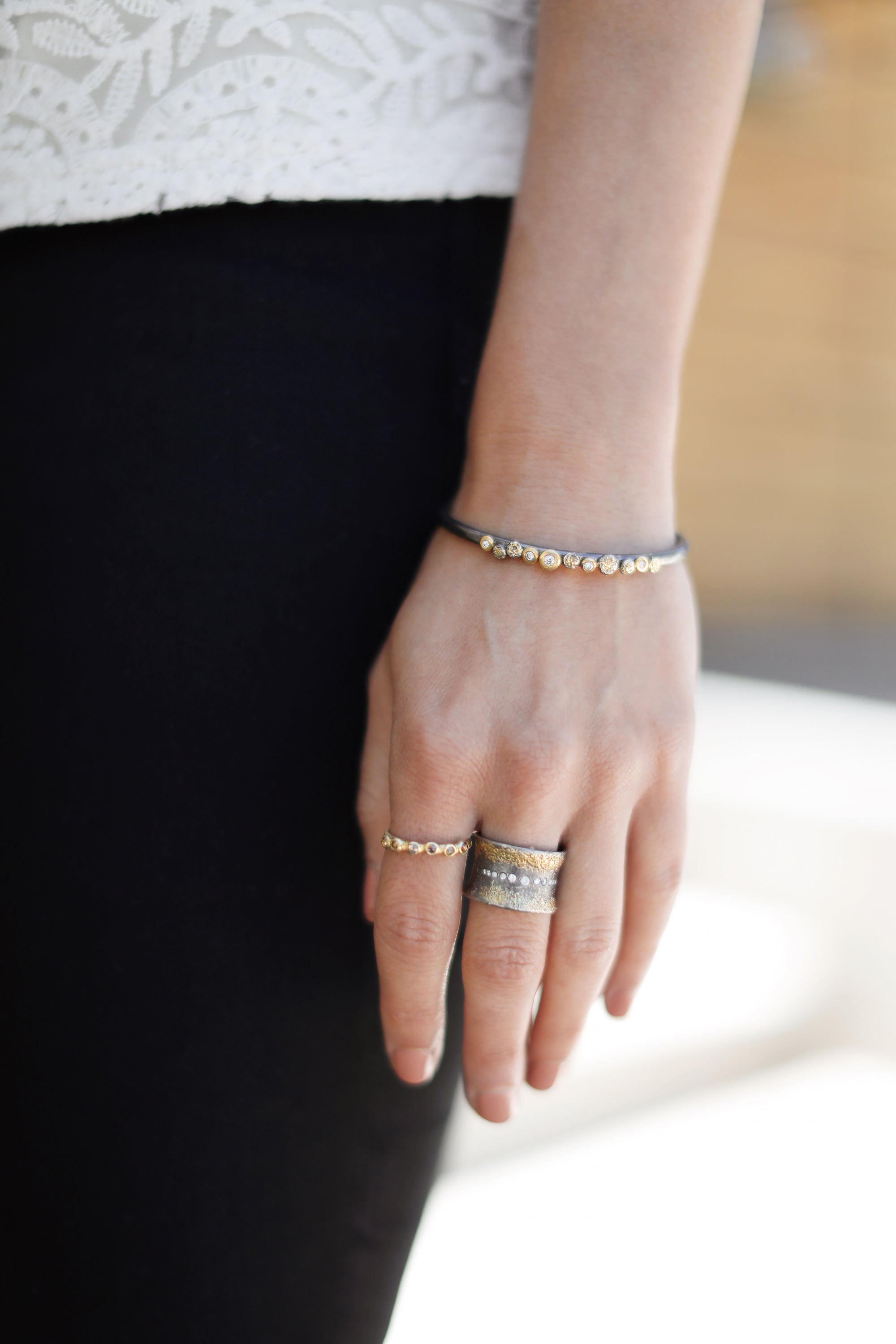 In Bloom Stacking Skinny Cuff - 22k Gold Dust, 18k Gold, Oxidized Silver + Reclaimed Diamonds