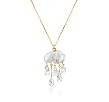 Monsoon Necklace - 14k Gold, White Keshi Pearl + White Topaz
