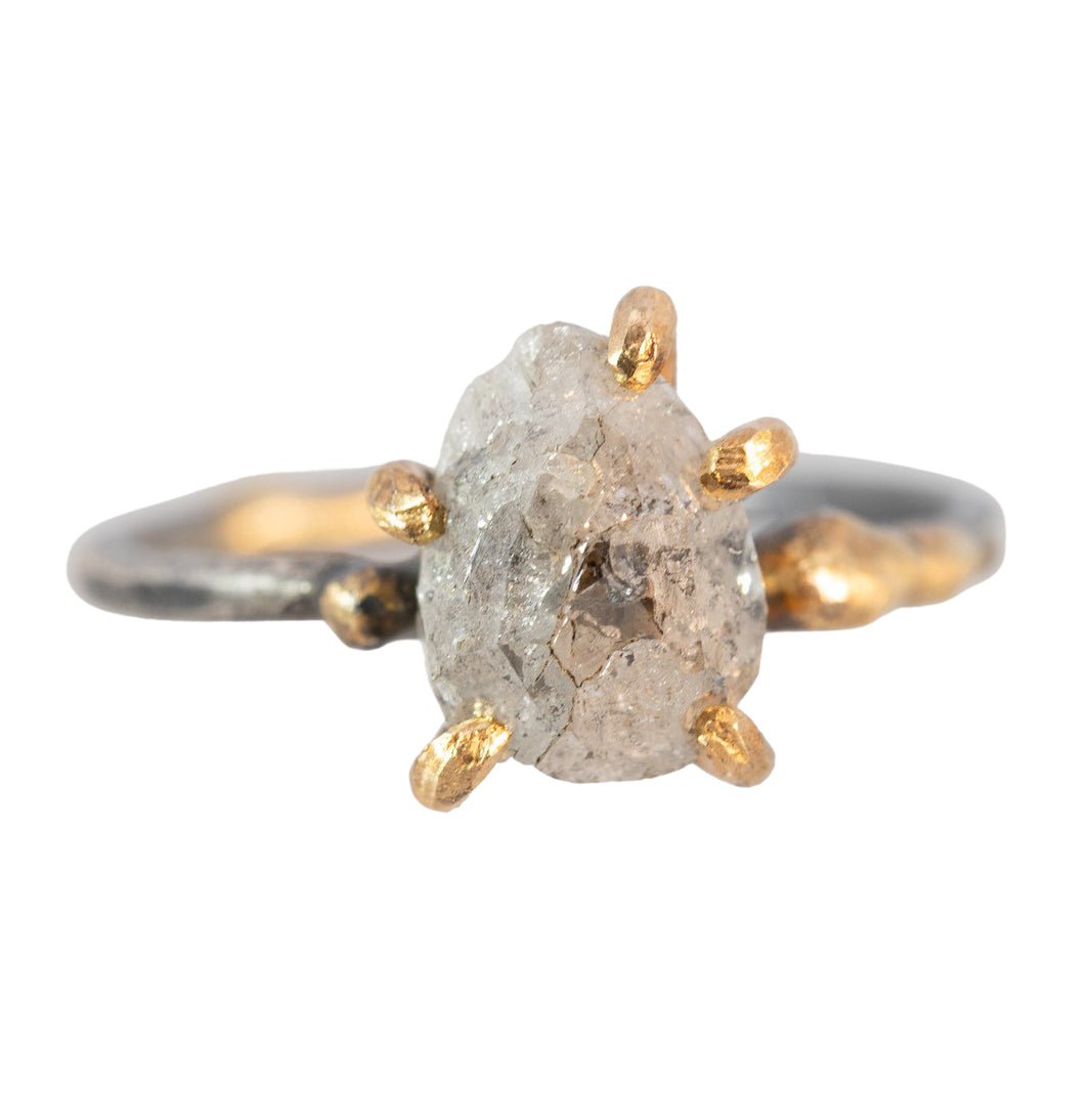 Canadian Rough Cut Salt + Pepper Diamond Ring - Oxidized Silver + 14ky Gold - KMJ Variance Objects Jewelry - Rings