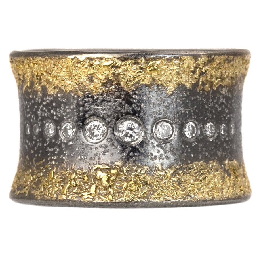 Flared Spring Ring - 22k Gold, Oxidized Silver + Reclaimed diamonds