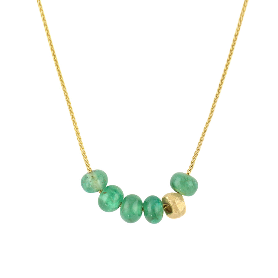 Carved Bead + 5 Emerald Necklace - 18ky
