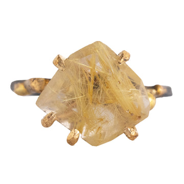 OOAK Rutilated Quartz Medium Stone Ring - Oxidized Silver with 14k Rose White Gold + 18k Yellow Gold Claws - Sz. 7.25