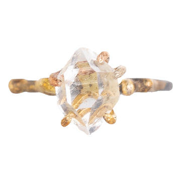 OOAK Herkimer Quartz Small Stone Ring - Oxidized Silver with 14k Rose White Gold + 18k Yellow Gold Claws - Sz. 6.25