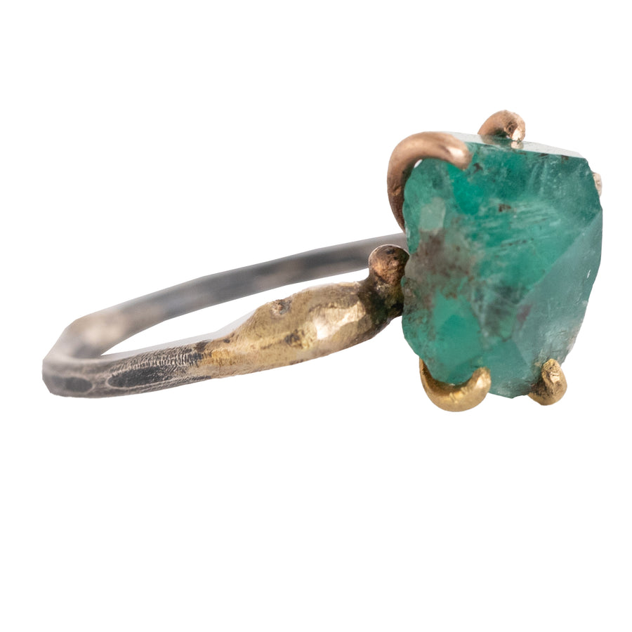 OOAK Zambian Emerald Medium Stone Ring - Oxidized Silver with 14k Rose White Gold + 18k Yellow Gold Claws - Sz. 6