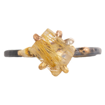 OOAK Rutilated Quartz Small Stone Ring - Oxidized Silver with 14k Rose White Gold + 18k Yellow Gold Claws - Sz. 5.75