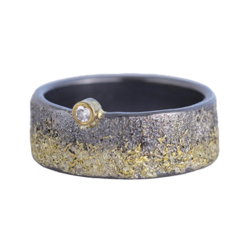 Black + Gold Dust Ring with Bezel Diamond - 22k/18k Gold, Oxidized Silver + Diamond