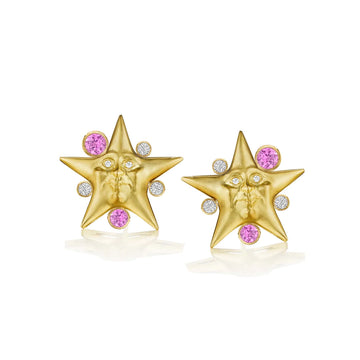 Sparkling Pink Sapphire Starface Button Earrings - 18k Gold, Pink Sapphire + Diamond