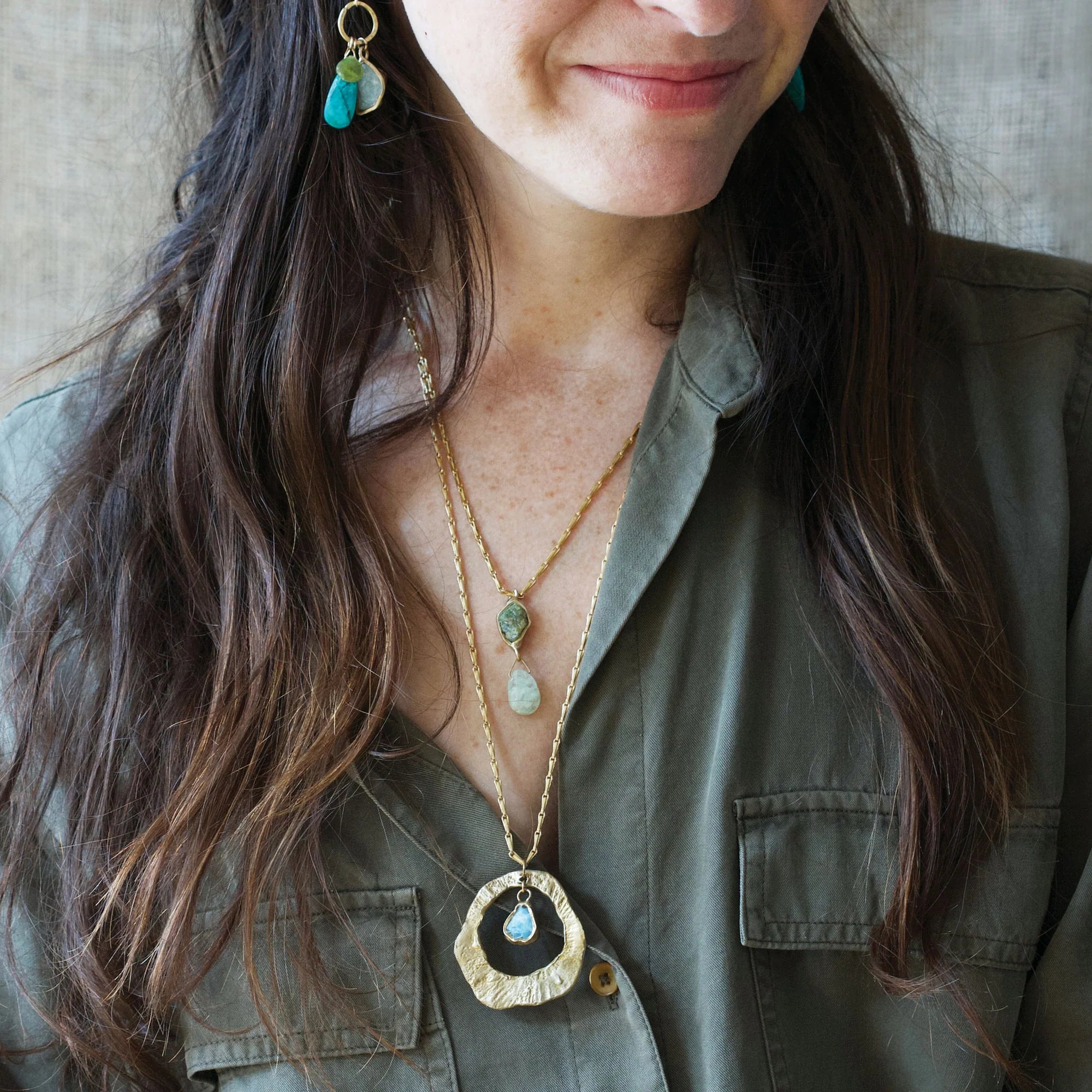 Calm Waters Pendant - Brass, Aquamarine + Green Garnet