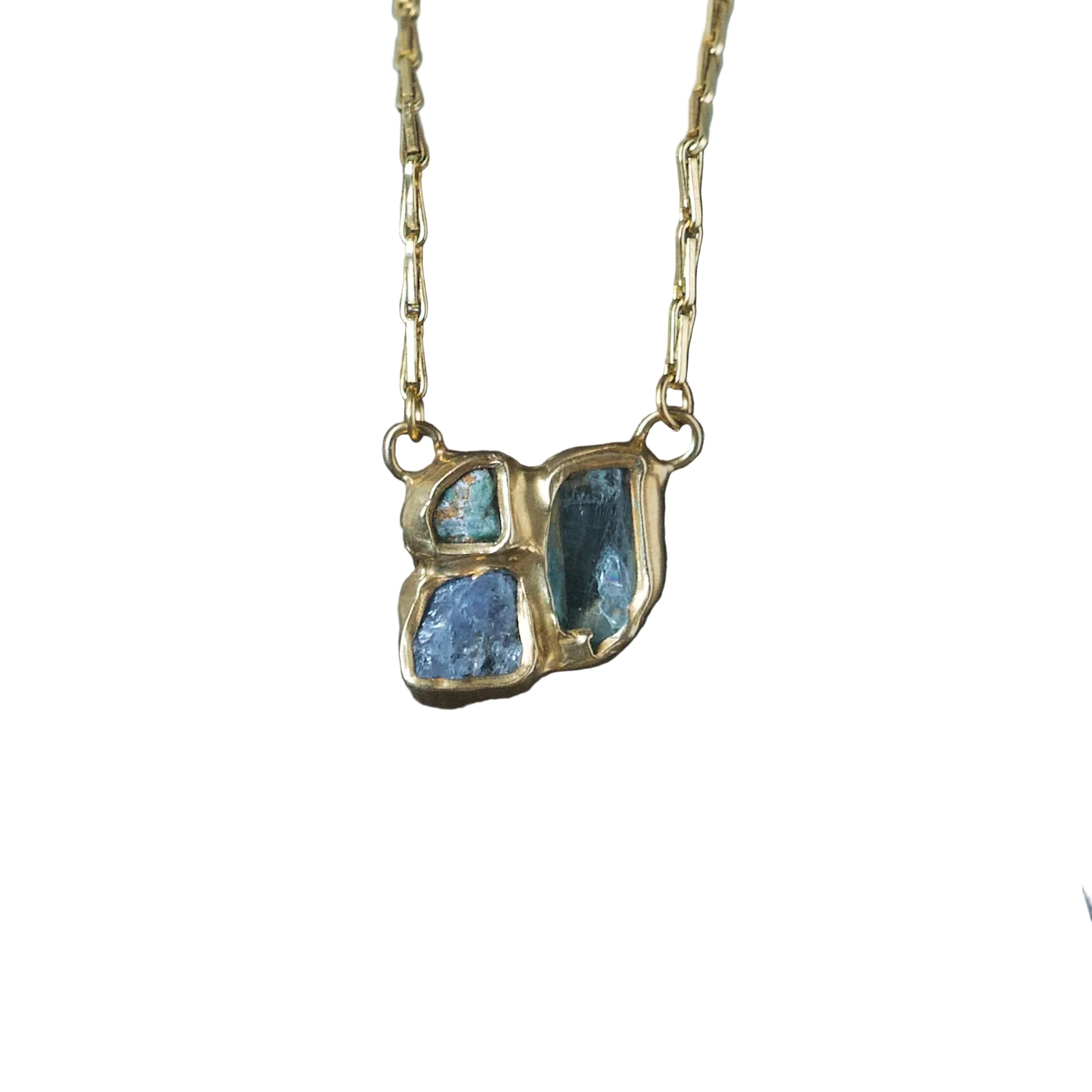 Cross Pollinate Pendant - Brass, Aquamarine, Tanzanite + Emerald - KMJ Emilie Shapiro Jewelry - Necklace