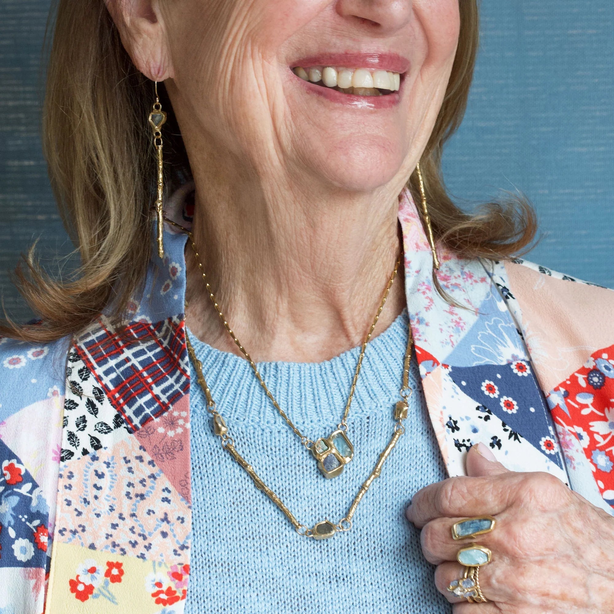 Cross Pollinate Pendant - Brass, Aquamarine, Tanzanite + Emerald - KMJ Emilie Shapiro Jewelry - Necklace