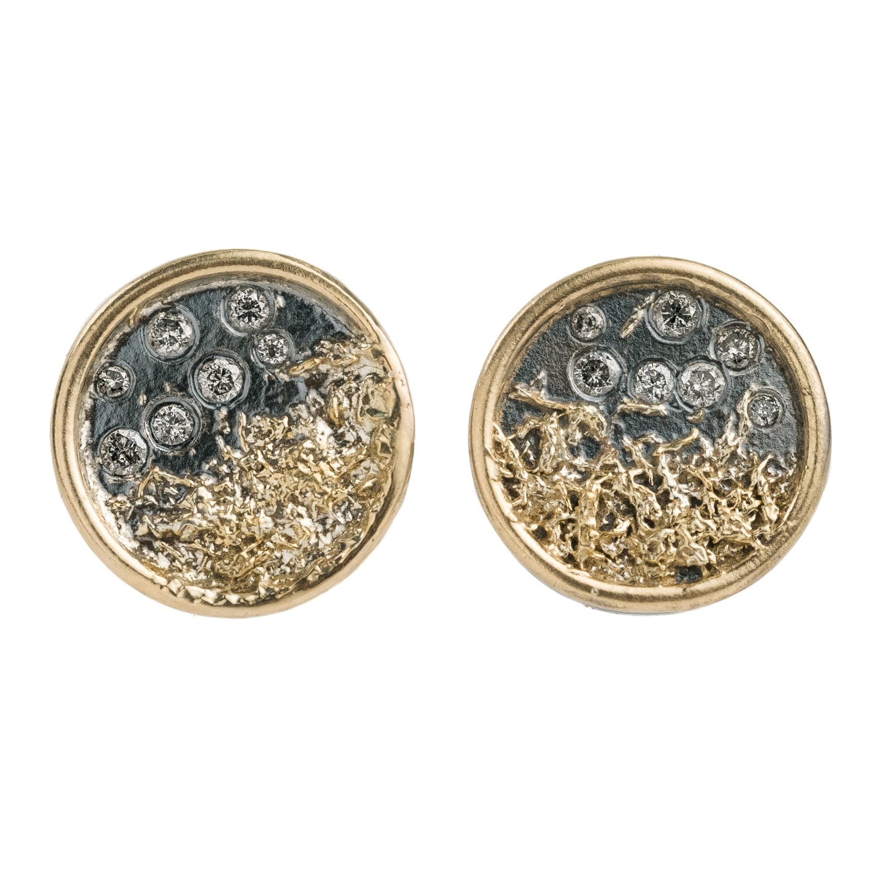 Traveler's Coin Studs - 22k/18k Gold, Oxidized Silver + Diamonds - KMJ Kate Maller Jewelry Jewelry - Earrings