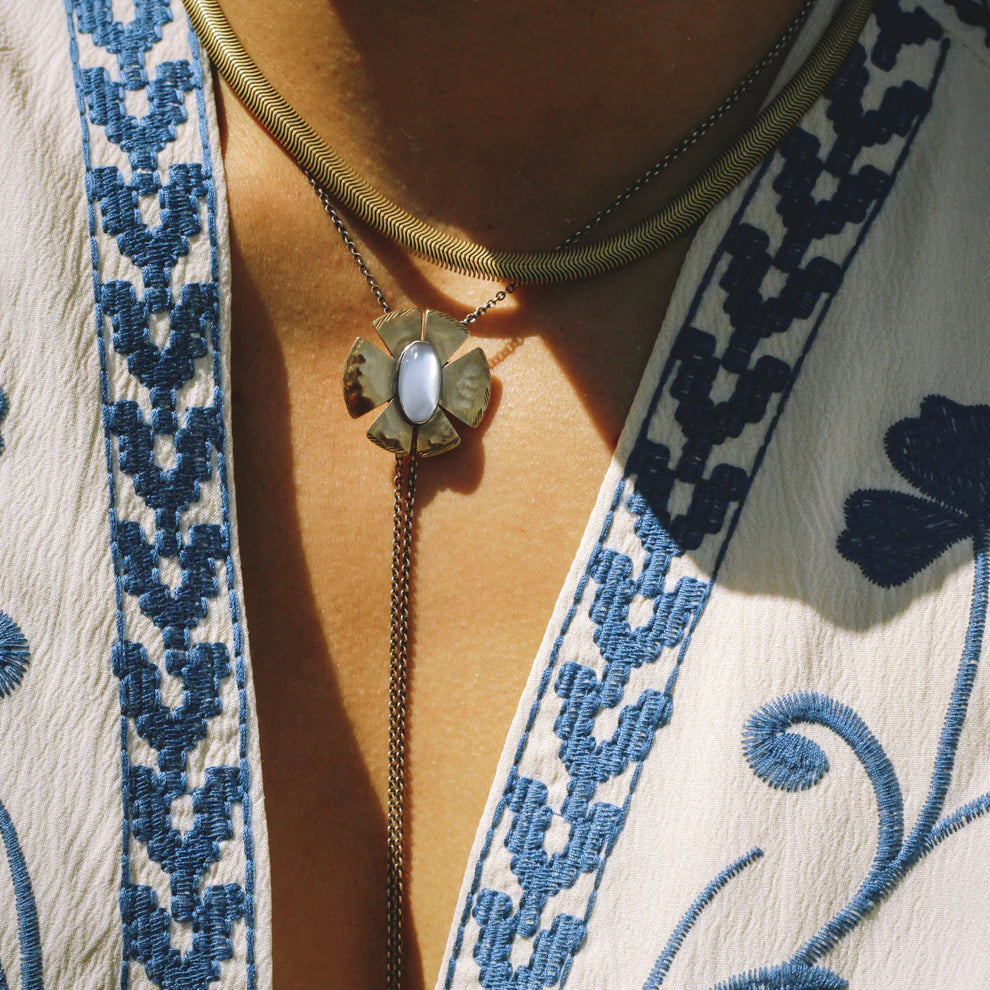 Flora Bolo Necklace - Oxidized Brass, Sterling Silver + Blue Moonstone Glass  w/Oxidized Sterling Silver 32&quot; Chain