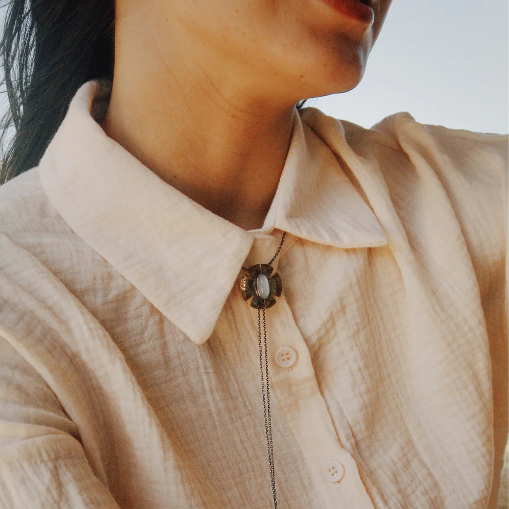Flora Bolo Necklace - Oxidized Brass, Sterling Silver + Blue Moonstone Glass  w/Oxidized Sterling Silver 32&quot; Chain