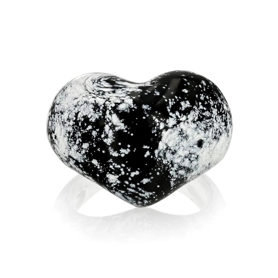 White + Black Graffiti Heart Pinky Ring - Silver + Enamel