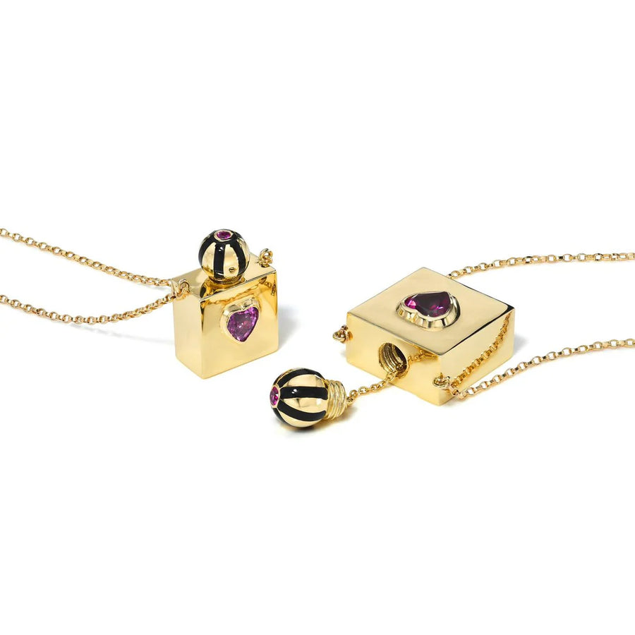 Small Heart Vessel Box Necklace - 14k Gold, Rhodolite Garnet, Magenta Sapphire + Enamel Inlay