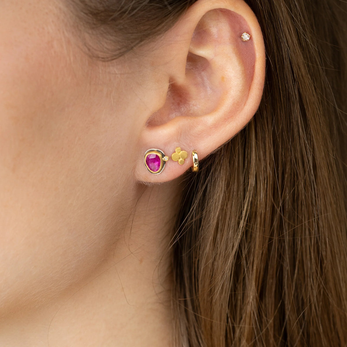 Rose Cut Ruby Stud Earrings - 22k Gold + Diamond