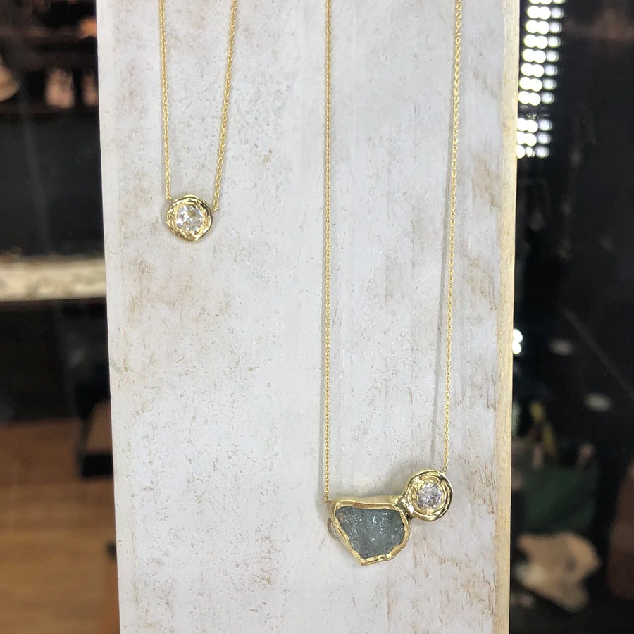 Moon & Stars Pendant - 14k Gold, Aquamarine + White Sapphire