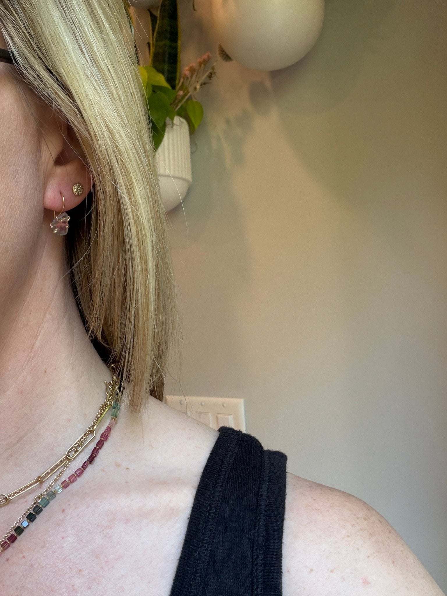Watermelon Tourmaline Hook Earrings - 18ky Gold, 14k Yellow, Rose + White Gold - KMJ Variance Objects Jewelry - Earrings