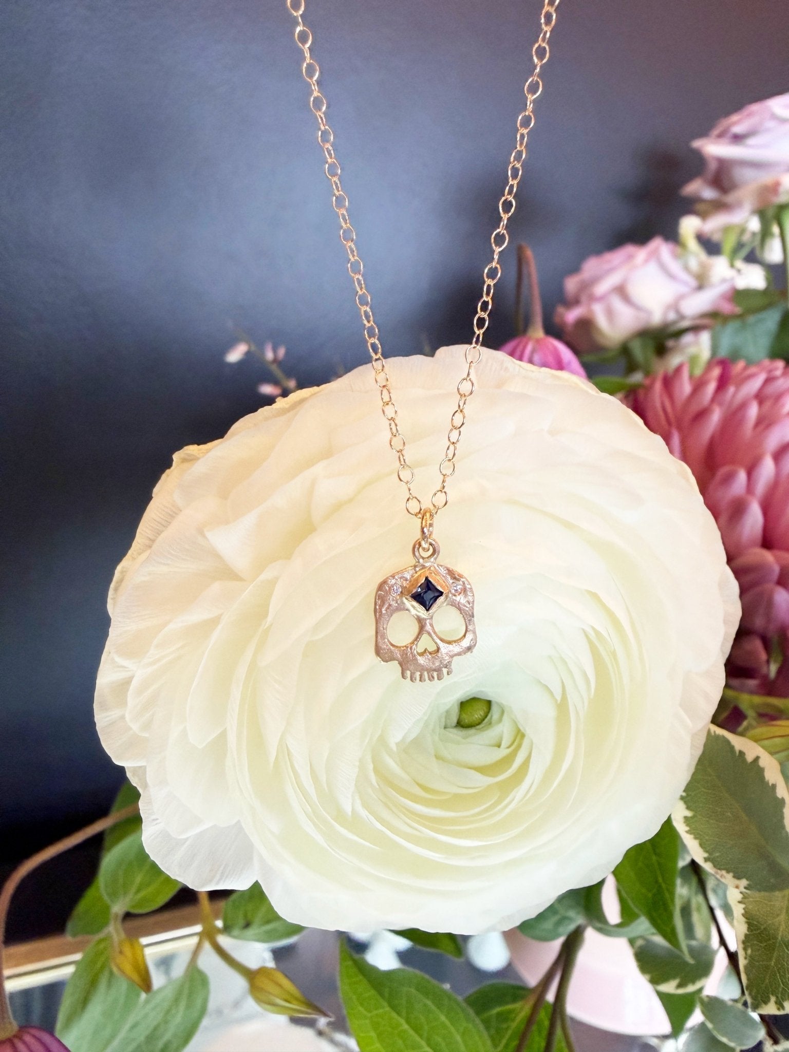 Linda's Skull Sapphire -14k Gold, Sapphire + Diamonds - KMJ Victoria Cunningham Jewelry - Necklaces