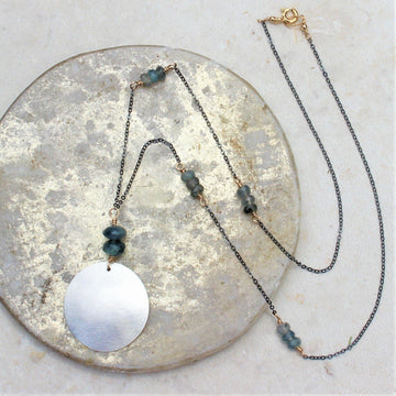 Larken Necklace - Black Oxidized Chain + Moss Aquamarine