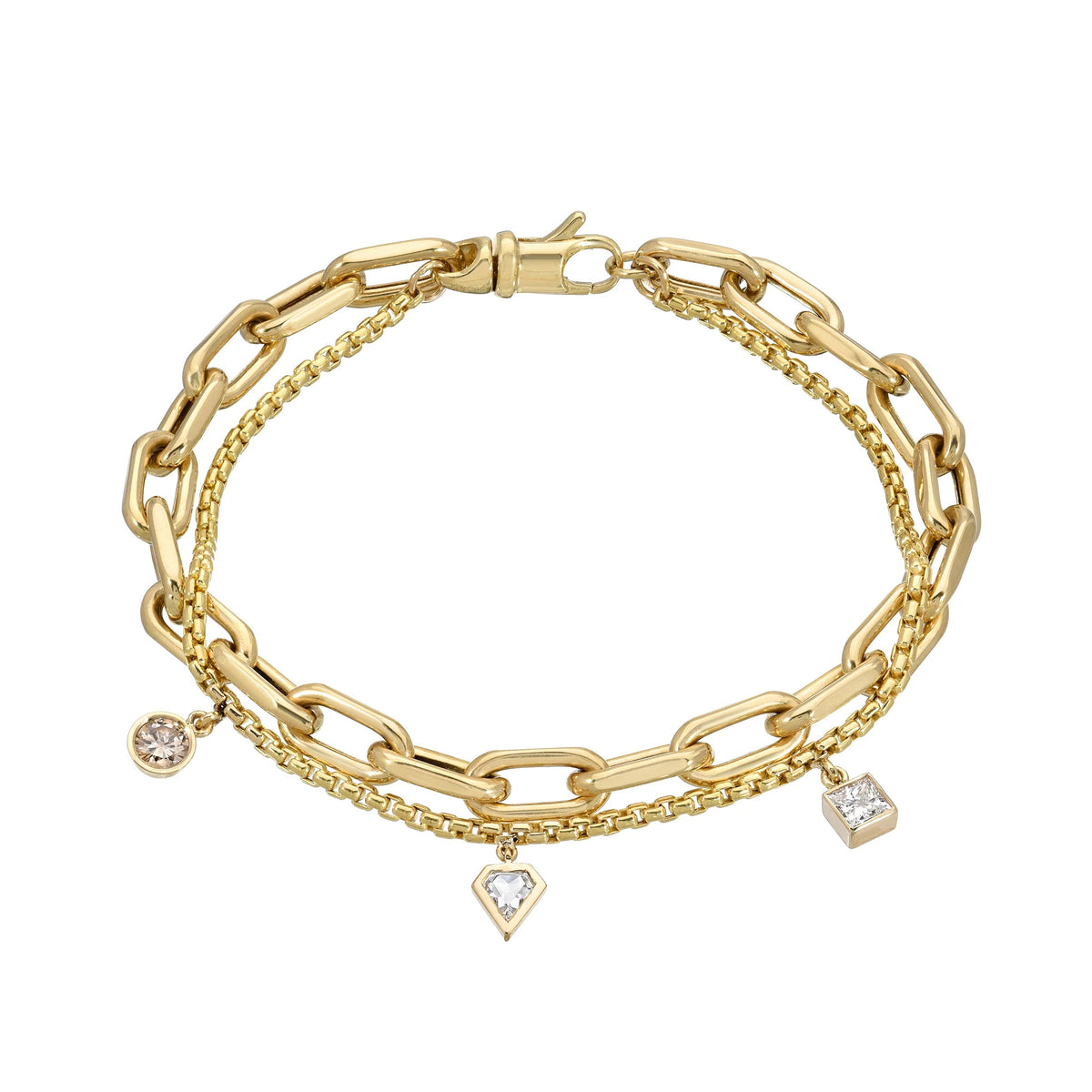 Elongated Link Double Bracelet - Gold + Diamonds