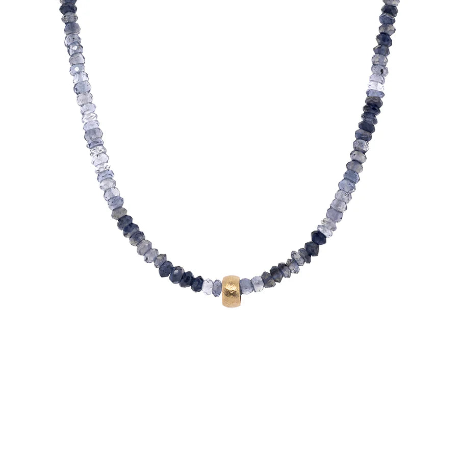 Iolite Natural Gemstone Boulder Beaded Necklace - 18k Gold + Iolite- 16