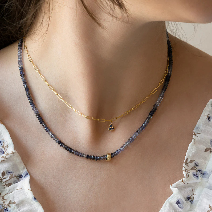 Iolite Natural Gemstone Boulder Beaded Necklace - 18k Gold + Iolite- 16