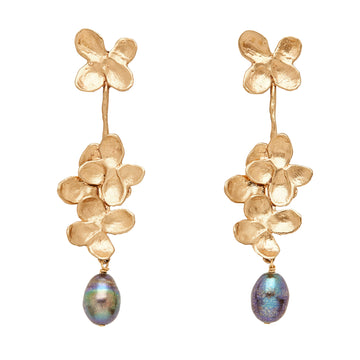 Hydrangea Blossom Pearl Earrings - Pearl + Bronze