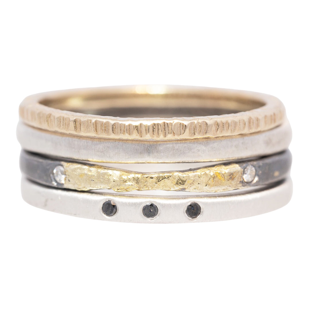 Jane Stacker Set - 22k/18k/14ky Gold, Bright/Oxidized Silver, and Diamonds