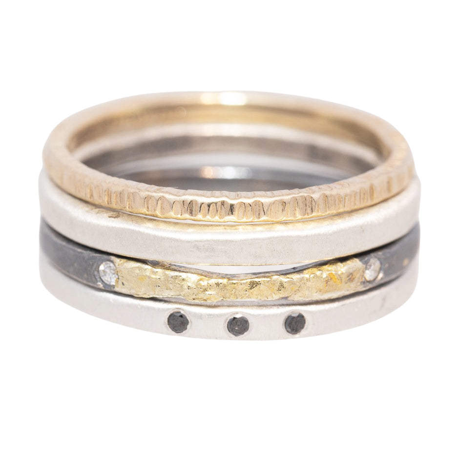 Jane Stacker Set - 22k/18k/14ky Gold, Bright/Oxidized Silver, and Diamonds