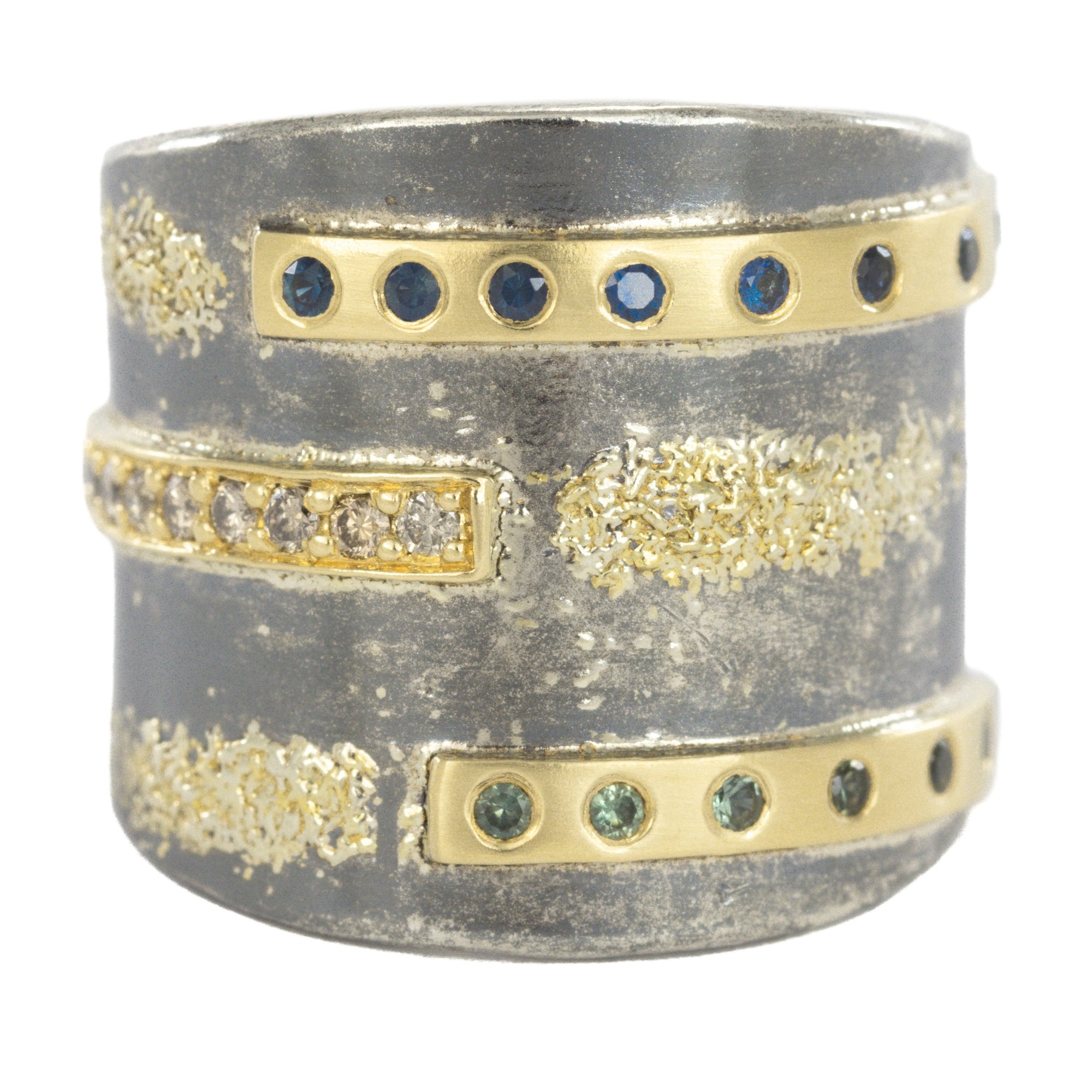 Landscape PNW Cigar Band - 22k/14ky Gold, Oxidized Silver + Champagne Diamonds, Sapphires