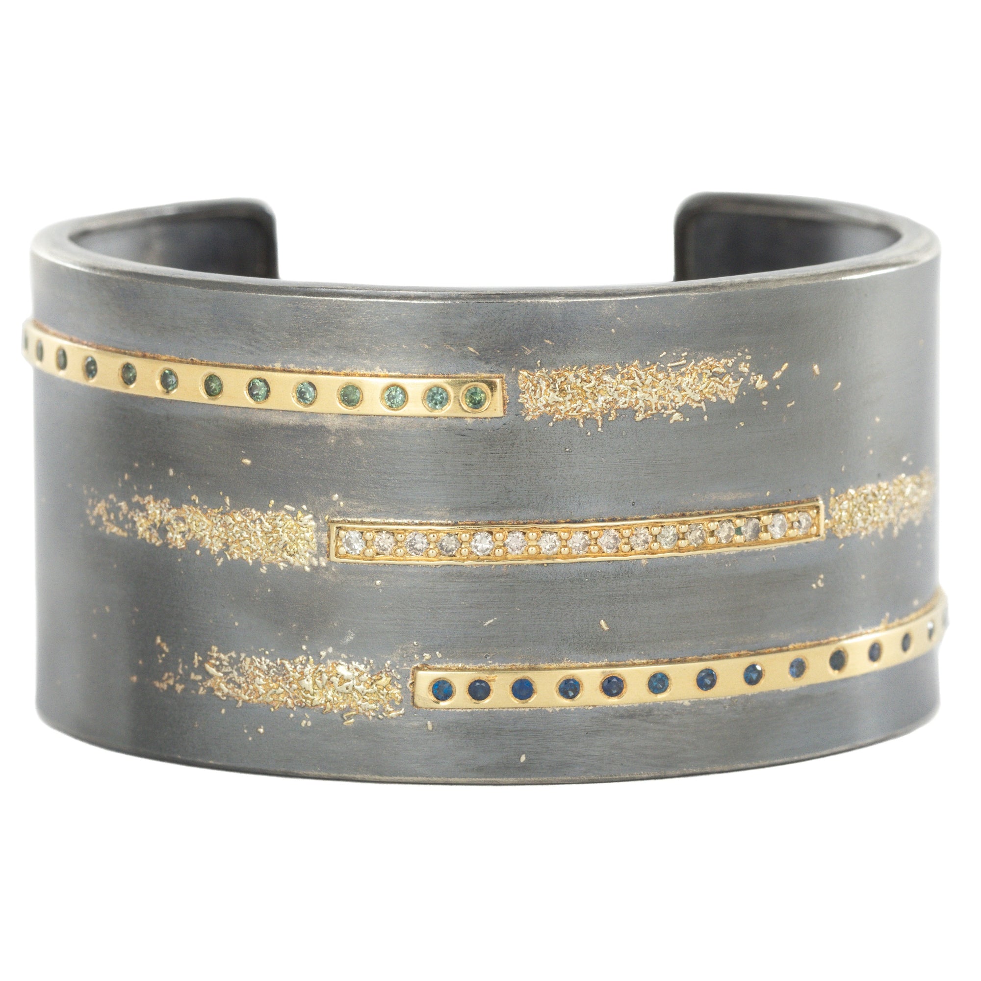 Landscape Cuff PNW Version - 18k/22k Gold, Oxidized Silver + Champagne Diamonds, Sapphires