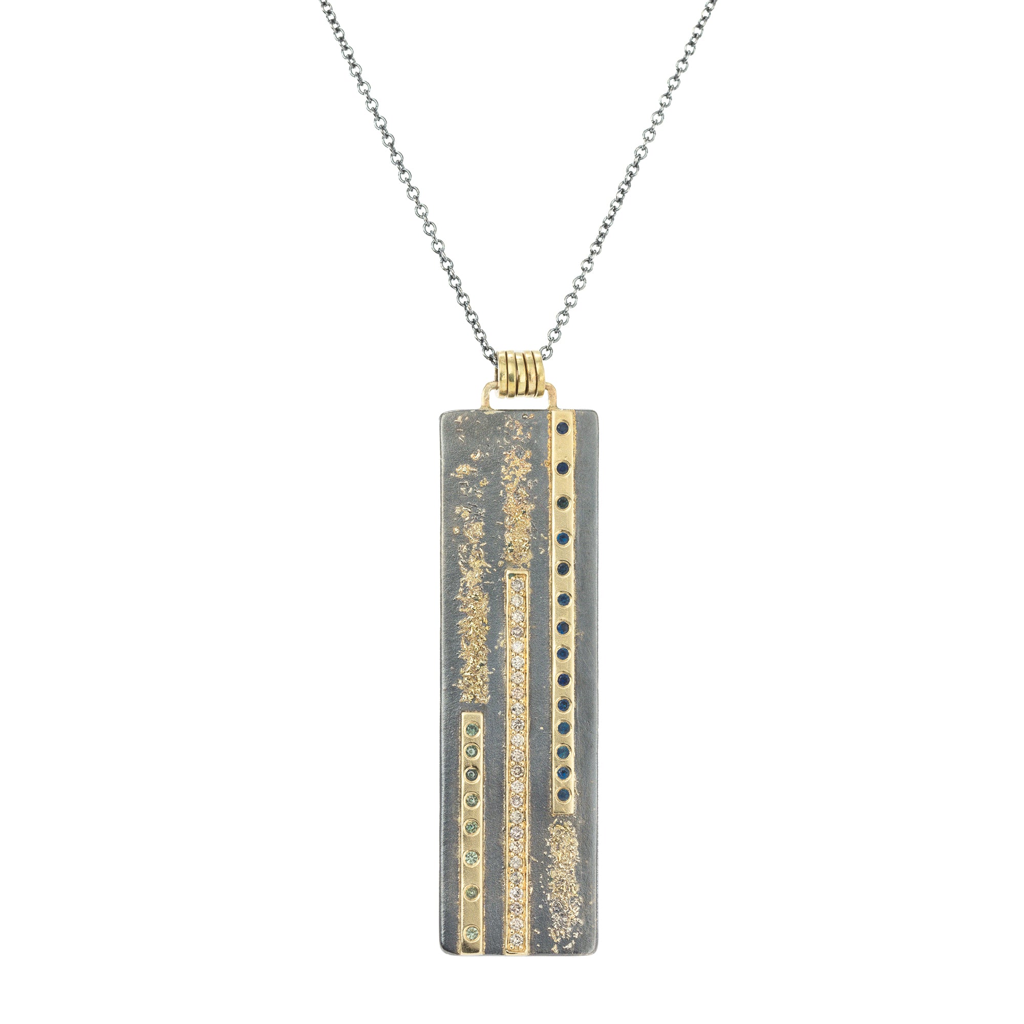 Landscape Pendant - 22k/14k Gold, Oxidized Silver + Champagne Diamonds, Sapphires