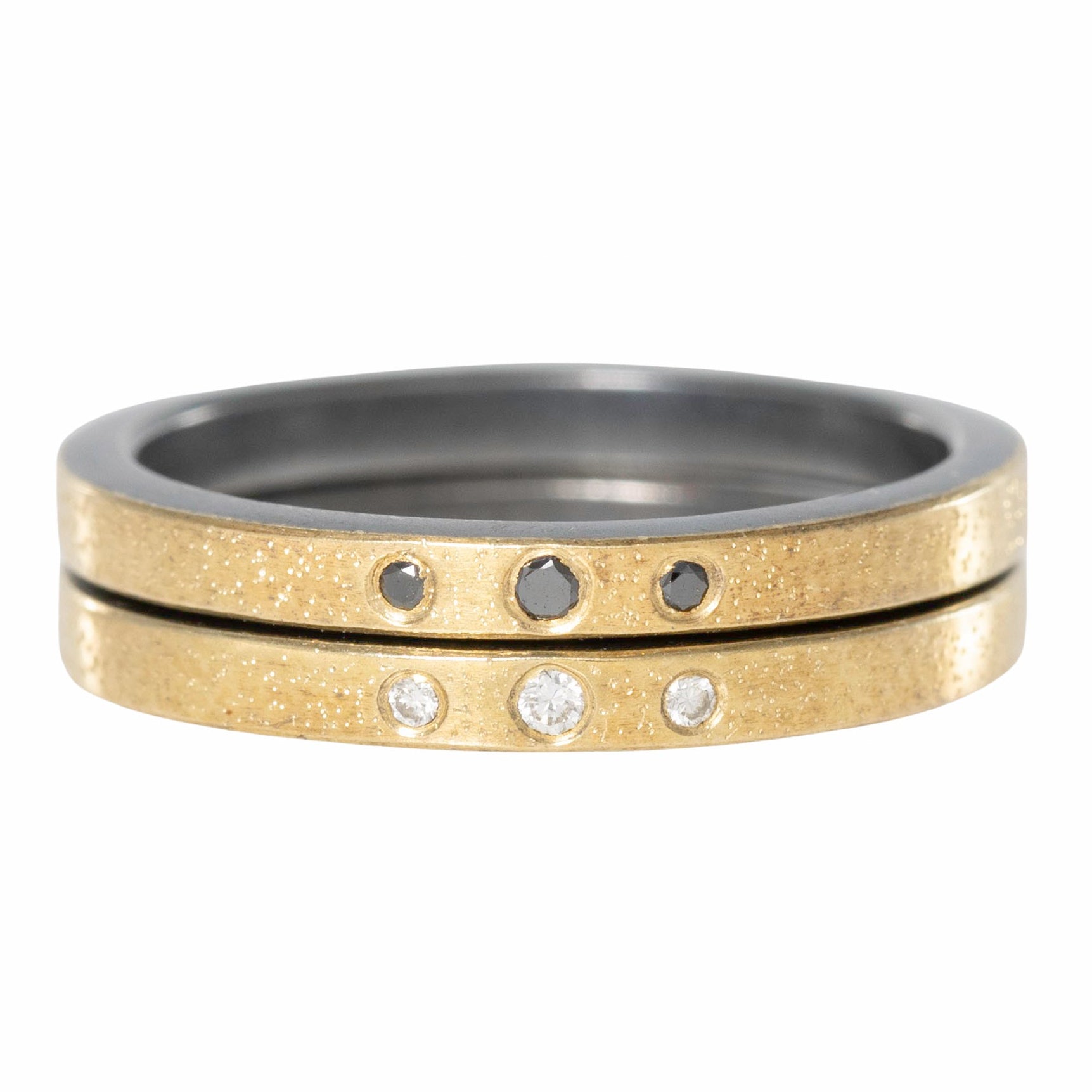 Black + Gold  Stacker Ring with White Diamonds - 18k Gold + Oxidized Silver