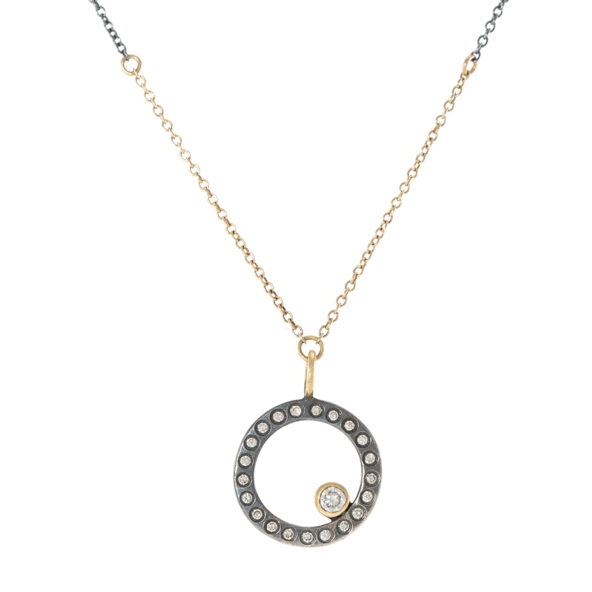 Oxidized Silver Everyday Scattered Diamond Pendant on Two-Tone Chain - 14k Gold, Oxidized Silver + VS White Diamonds - KMJ Kate Maller Jewelry Jewelry - Necklaces
