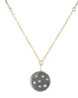 Black + Gold Disc Necklace on Two-Tone Chain - 14k Gold, Oxidized Silver + VS White Diamonds