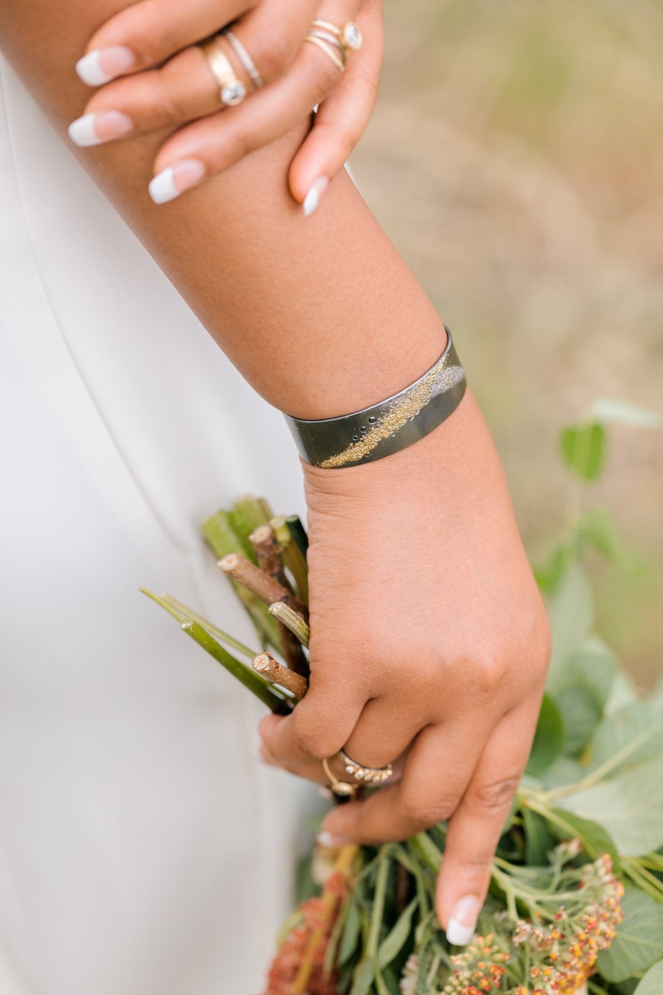 Silver + Gold Slice Cuff - Narrow - 22k Gold, Oxidized Silver + White Diamonds