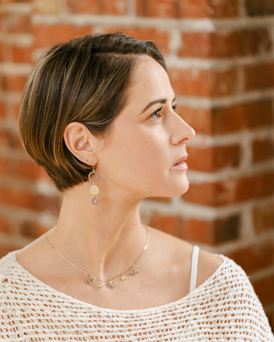 Black + Gold Triple Drop Scattered Diamond Earrings - 18ky Gold, Oxidized Silver + VS Diamonds