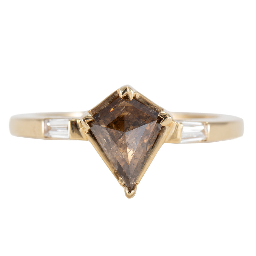 OOAK Brown Kite Shaped Diamond Ring - 18k Gold + Flush Set Baguette Diamonds