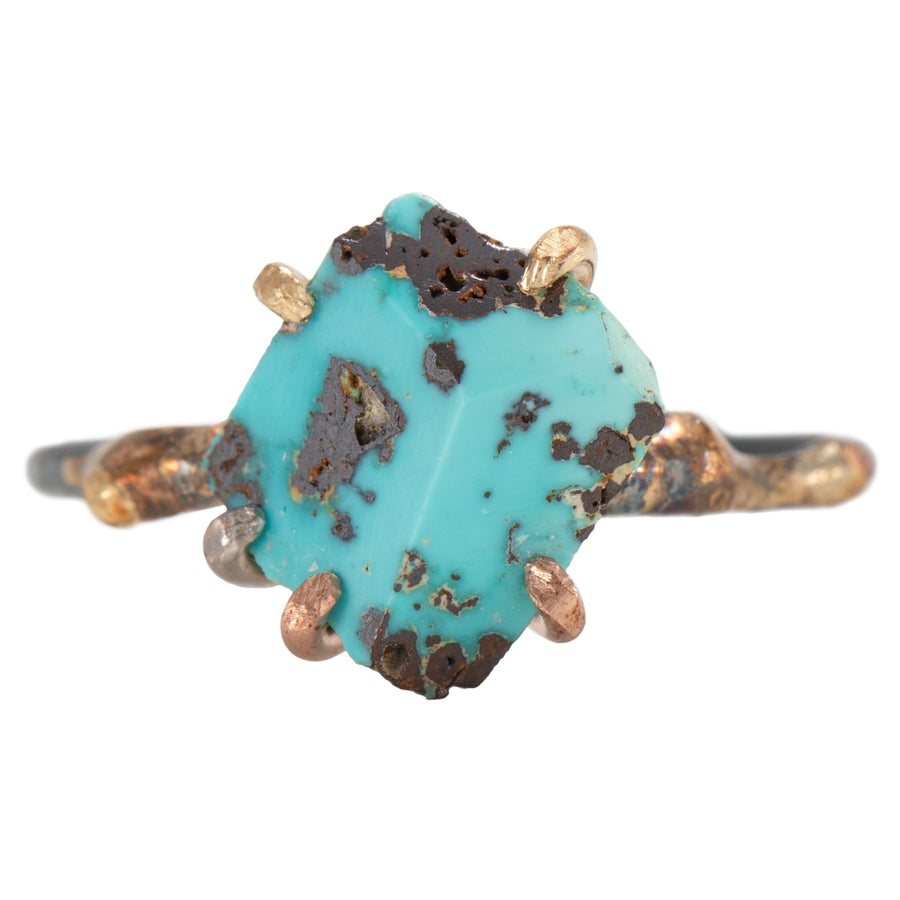 Zambian Turquoise Small Stone Ring - 18k/14k Gold + Oxidized Sterling Silver