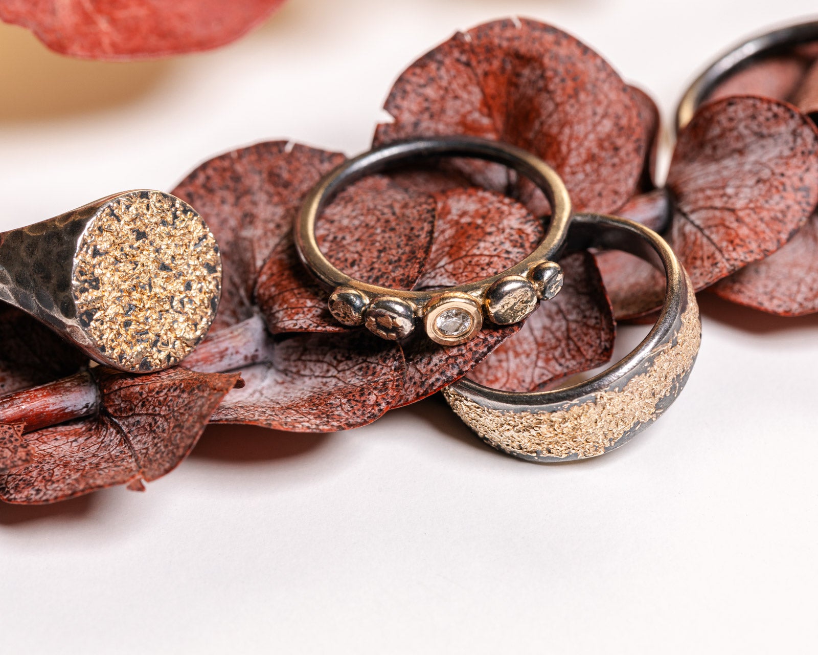 In Bloom Stacking Ring - Dusted Blooms - 22k Gold Dust, 18k Gold, Oxidized Silver + Reclaimed Diamonds