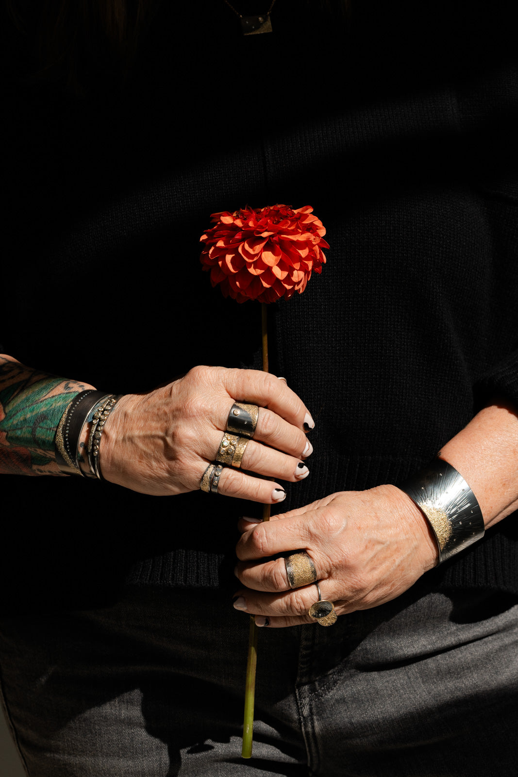 Sun Rays Cuff - 22k Gold, Oxidized Silver + VS White Diamonds