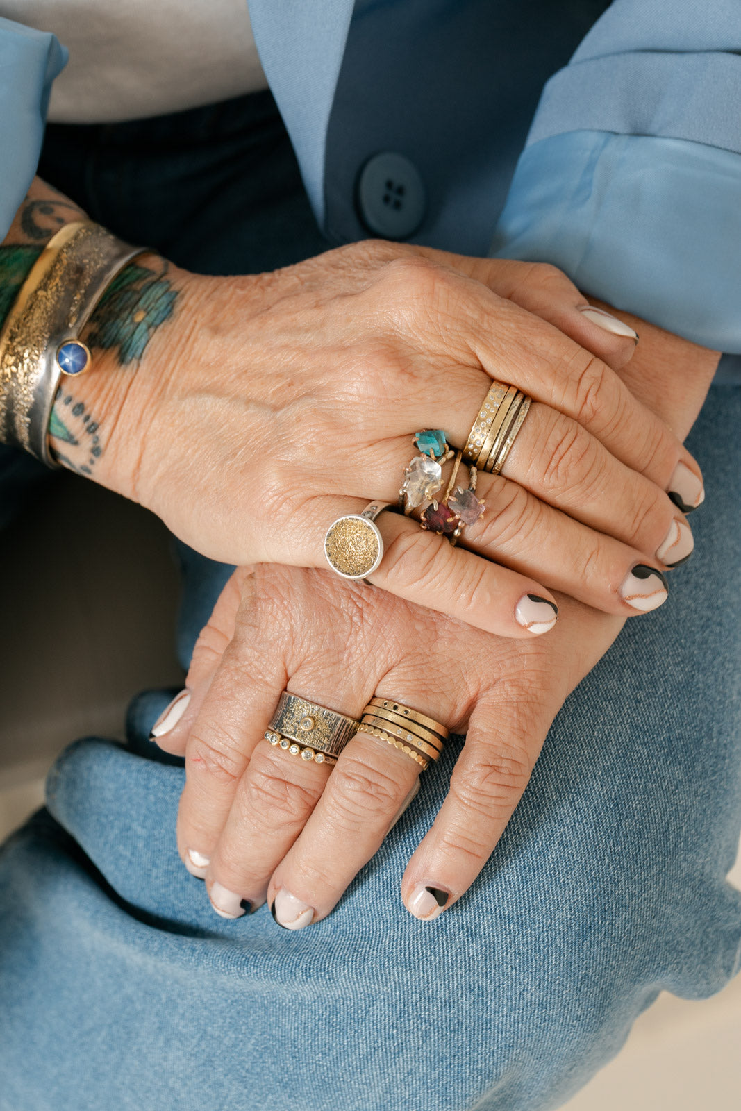 Black + Gold  Stacker Ring with White Diamonds - 18k Gold + Oxidized Silver