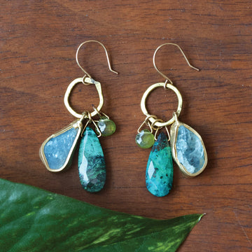 Lure Earrings - Brass, Aquamarine, Vesuvianite + Chrysocolla